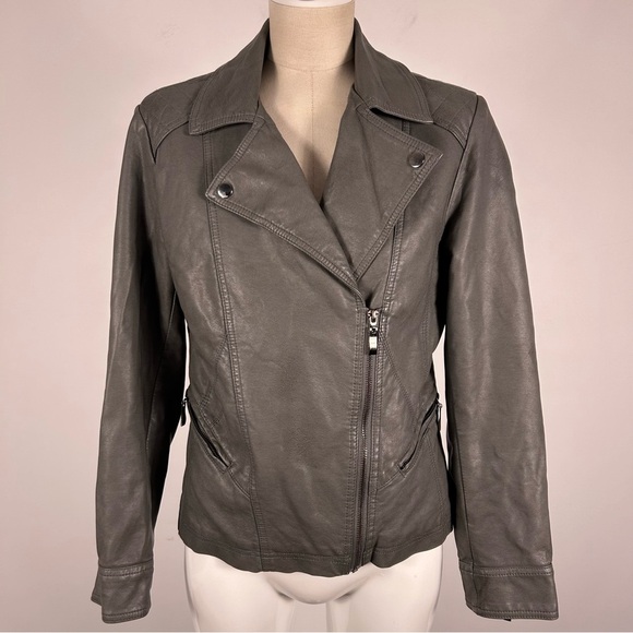 ROZ & ALI Women's Gray faux Leather Jacket petite M - Picture 3 of 13